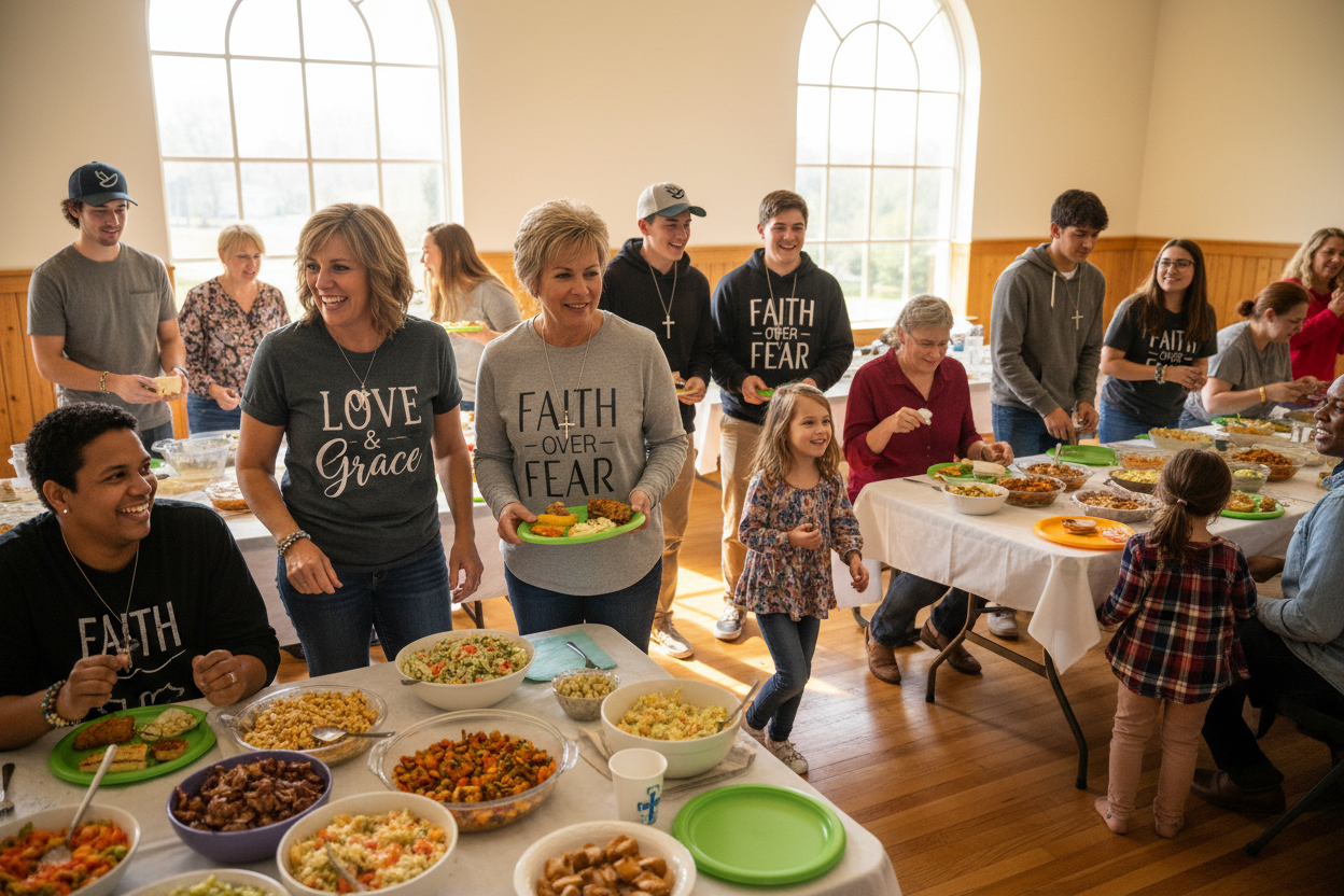 diverse group of people at a warm church potluck luncheon, each wearing different items — faith-inspired t-shirts, hats, and jewelry.