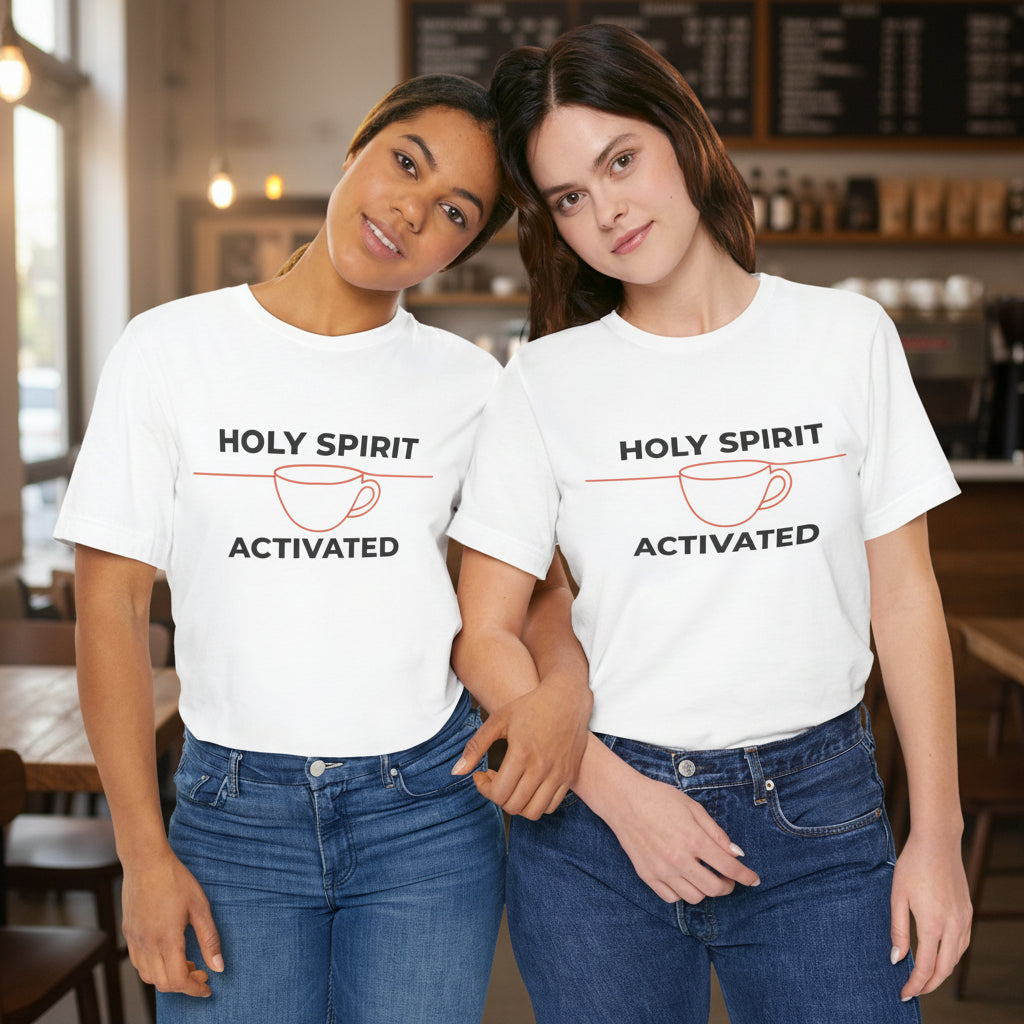Two people wearing white t-shirts with 'Holy Spirit Activated' text and a coffee cup graphic.
