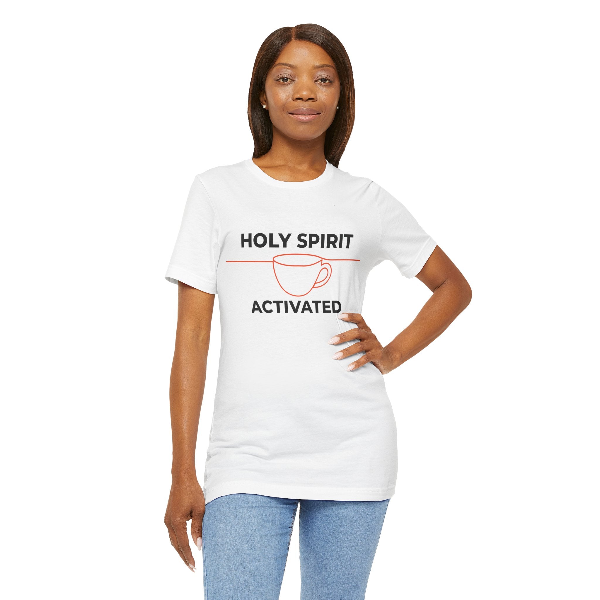 Woman wearing a white t-shirt with 'OT is my Jam' text on a white background