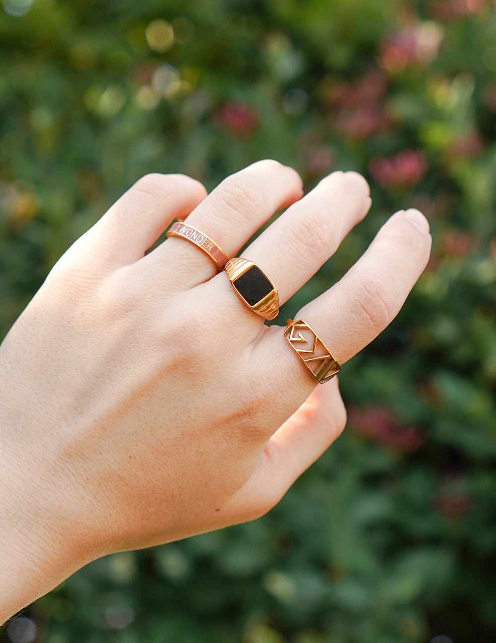 Hand wearing three rings with a blurred green background