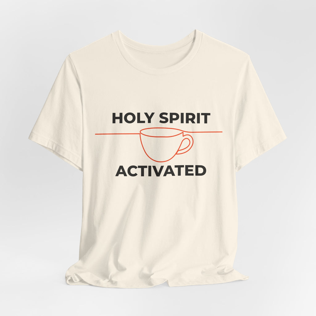White t-shirt with 'Holy Spirit Activated' graphic on a light gray background