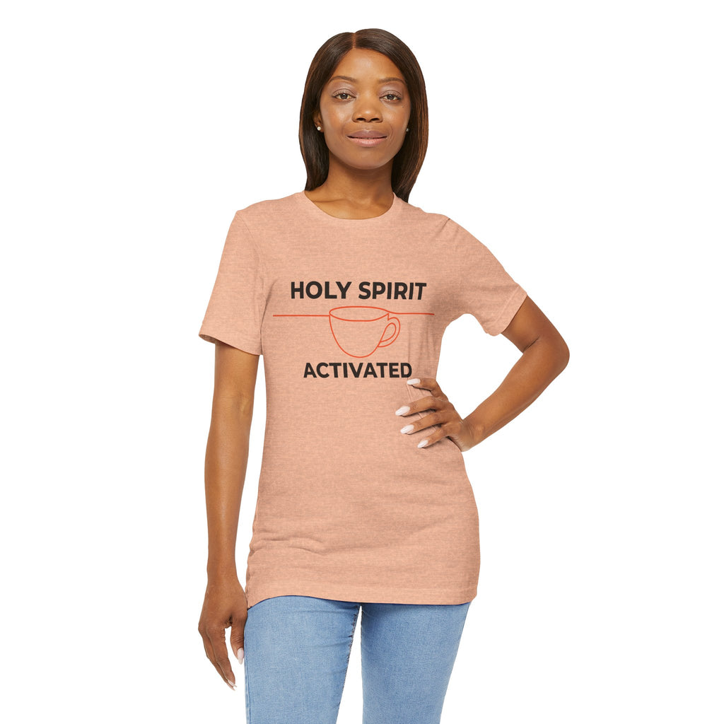 Woman wearing a peach t-shirt.