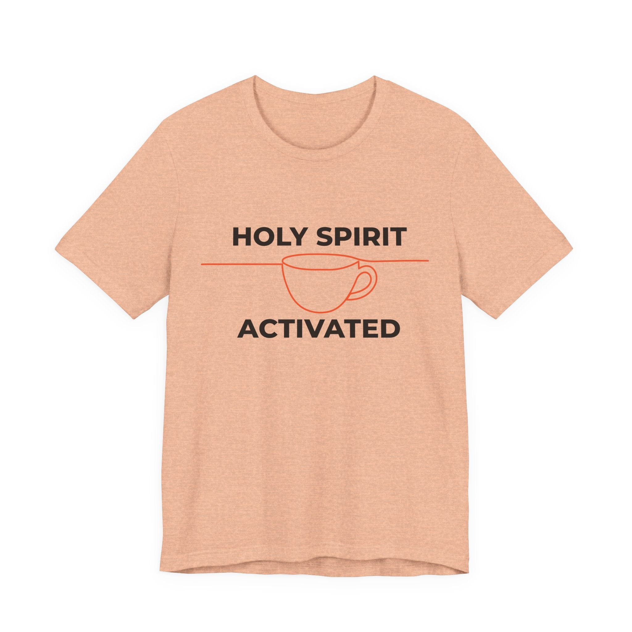Peach t-shirt with 'Holy Spirit Activated' text and coffee cup graphic on a white background