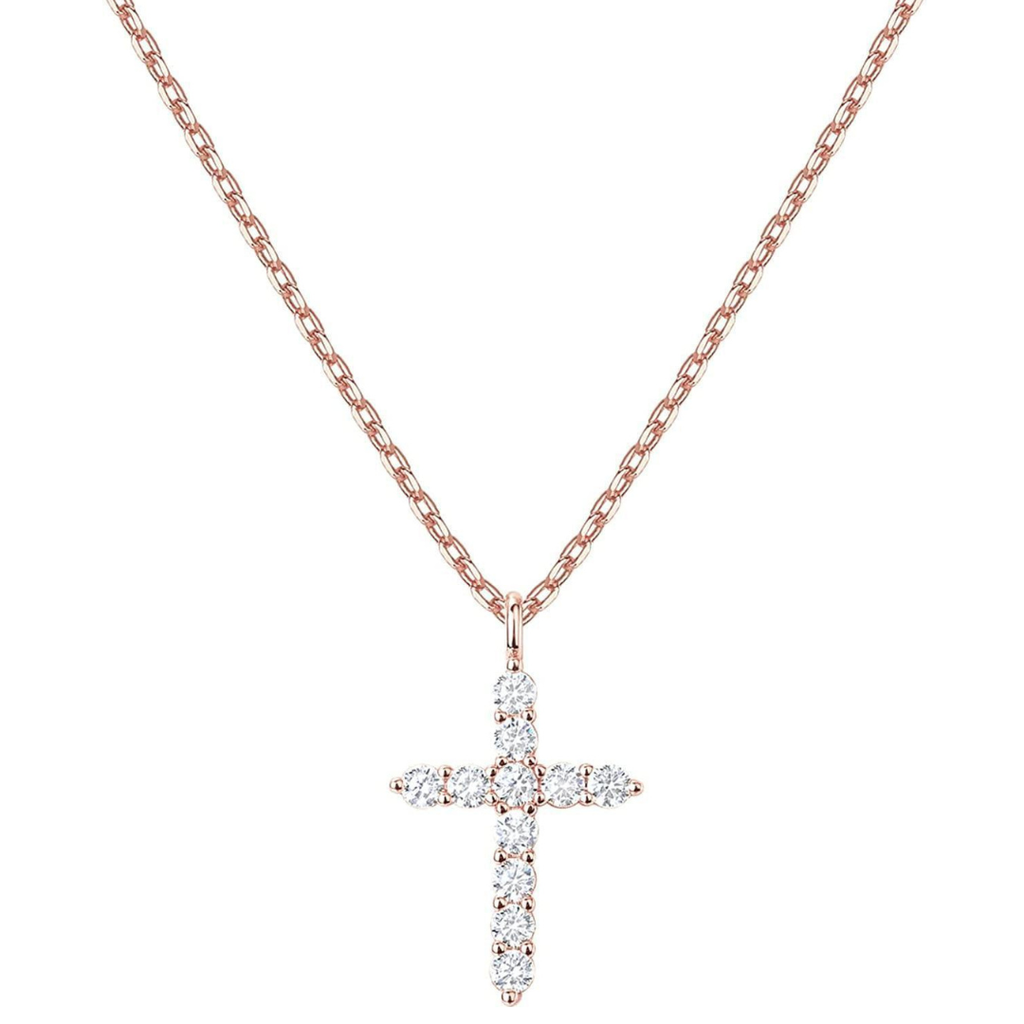 Rose gold cross necklace with diamonds on a white background