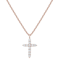 Rose gold cross necklace with diamonds on a white background
