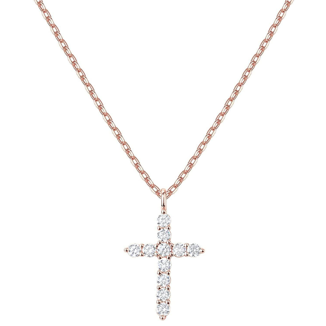 Rose gold cross necklace with diamonds on a white background