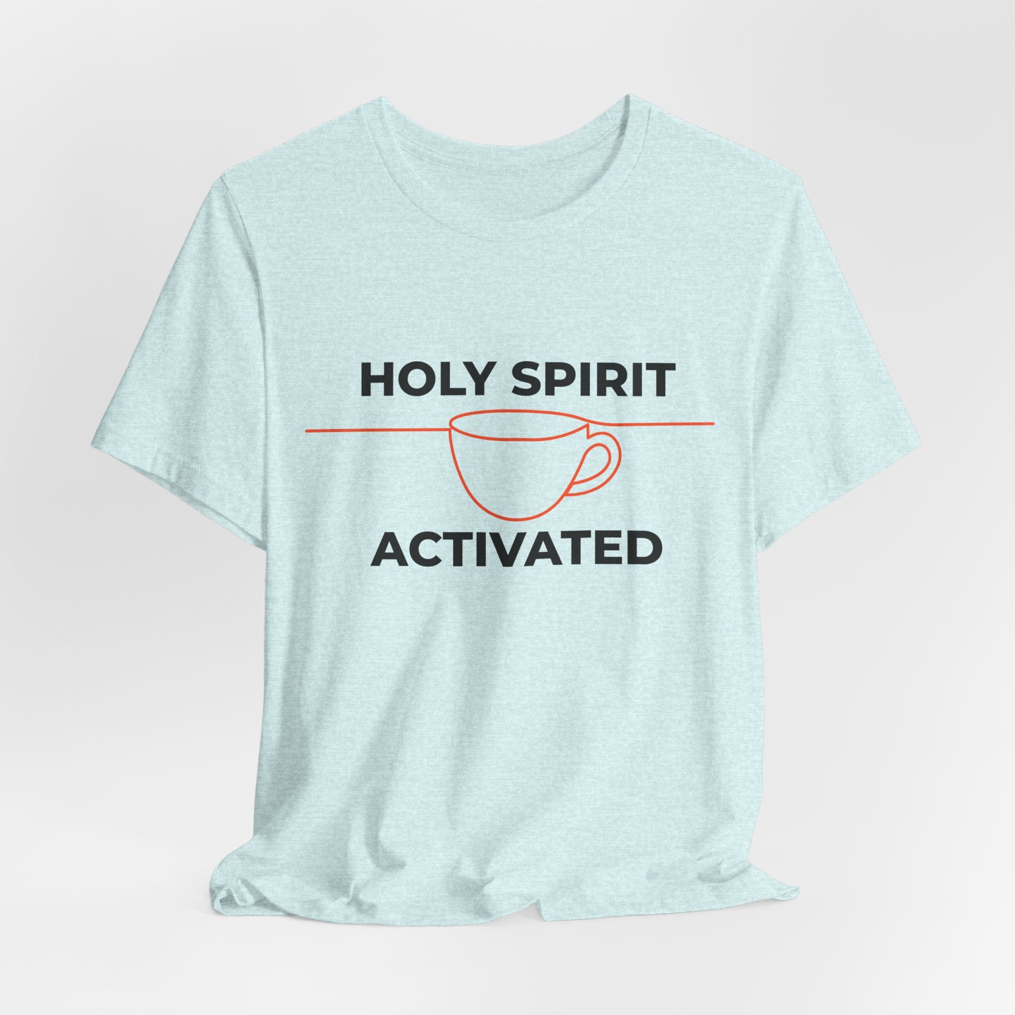 Light blue t-shirt with 'Holy Spirit Activated' graphic on a light gray background