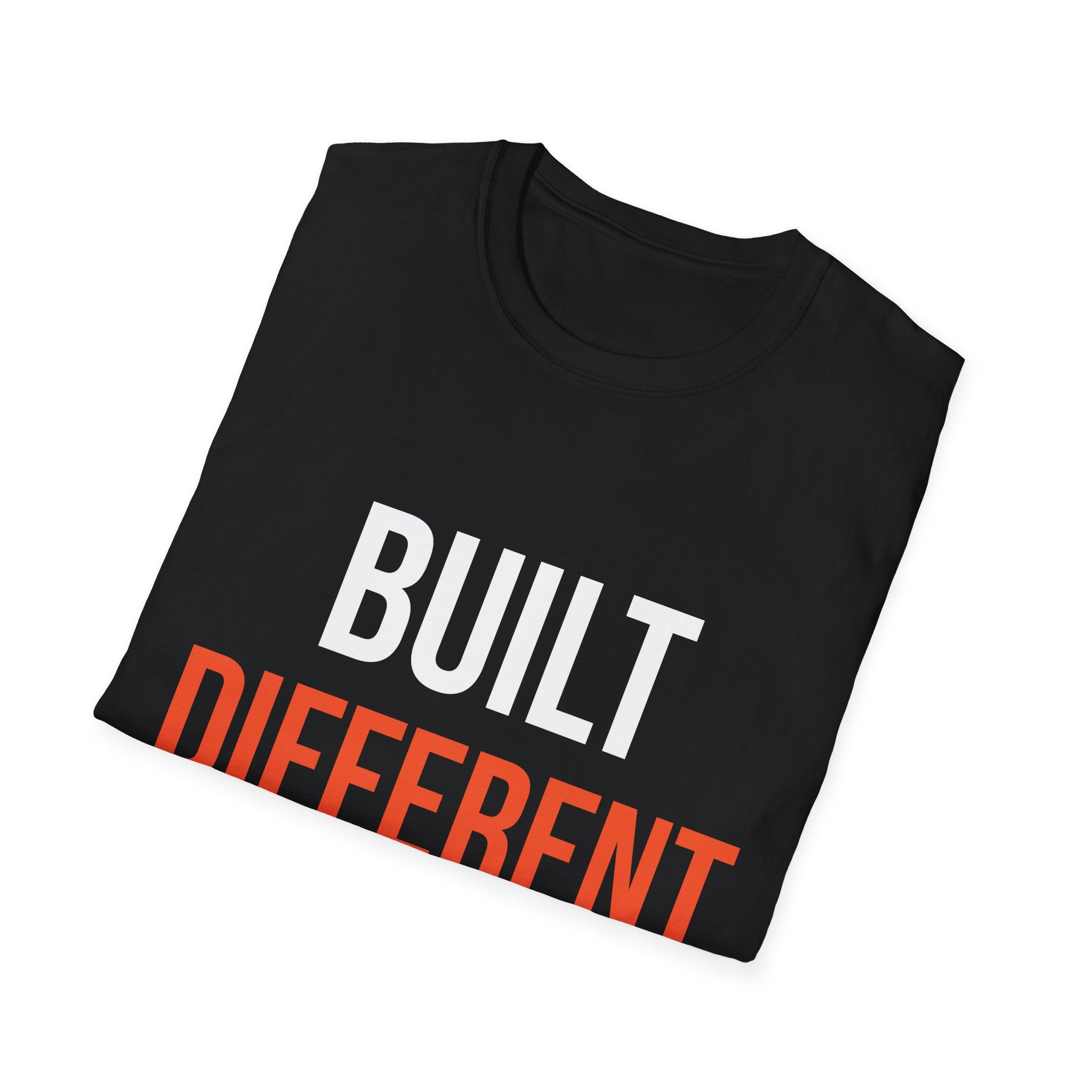Black t-shirt with 'BUILT DIFFERENT' text in white and orange on a white background