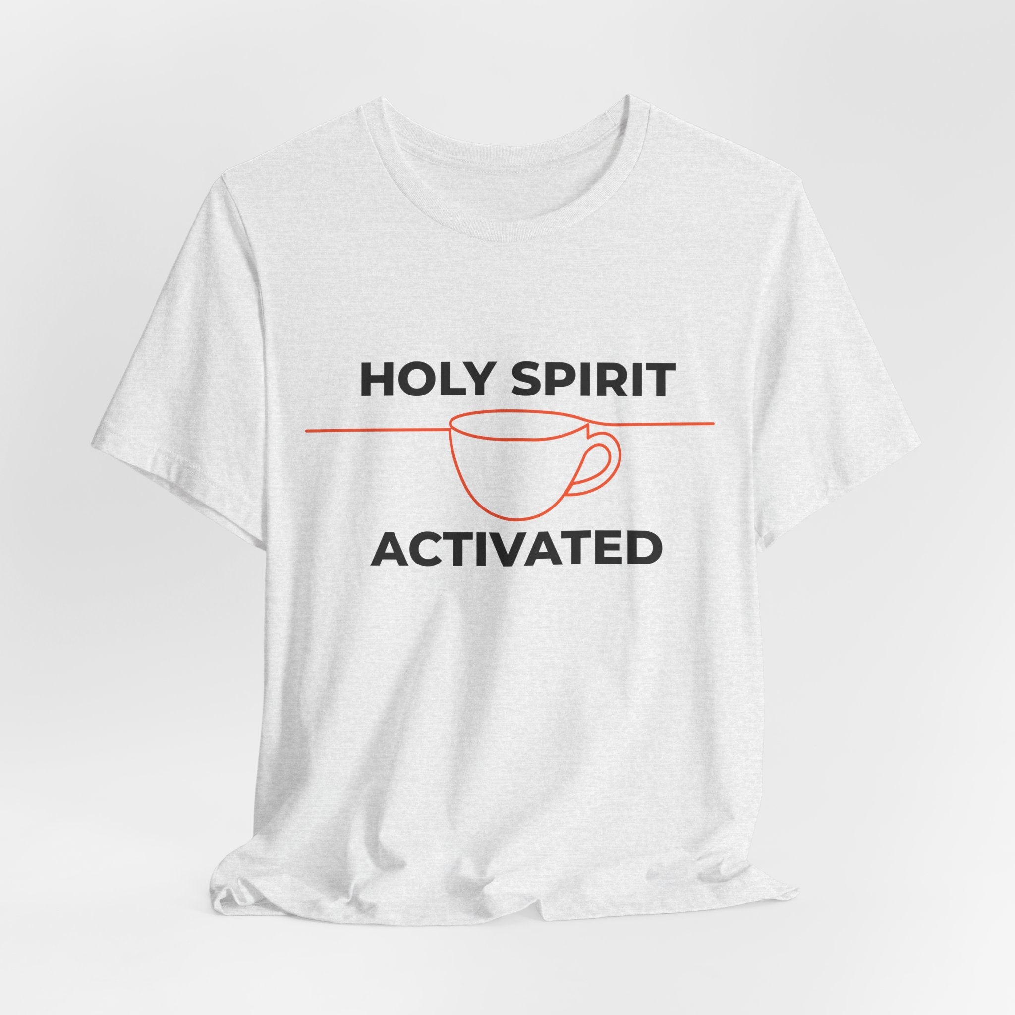 White t-shirt with 'Holy Spirit Activated' graphic design on a white background