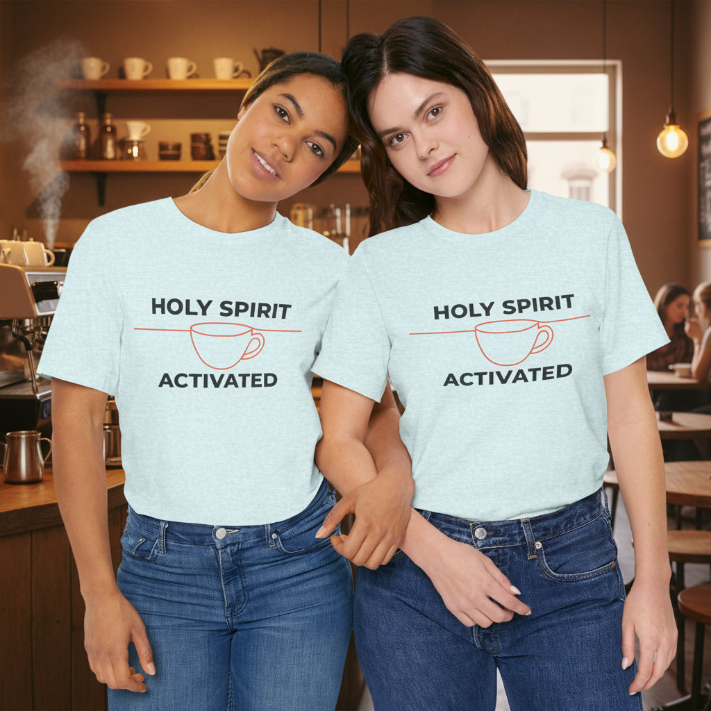 Two women wearing matching t-shirts with 'Holy Spirit Activated' text and graphics on a white background.