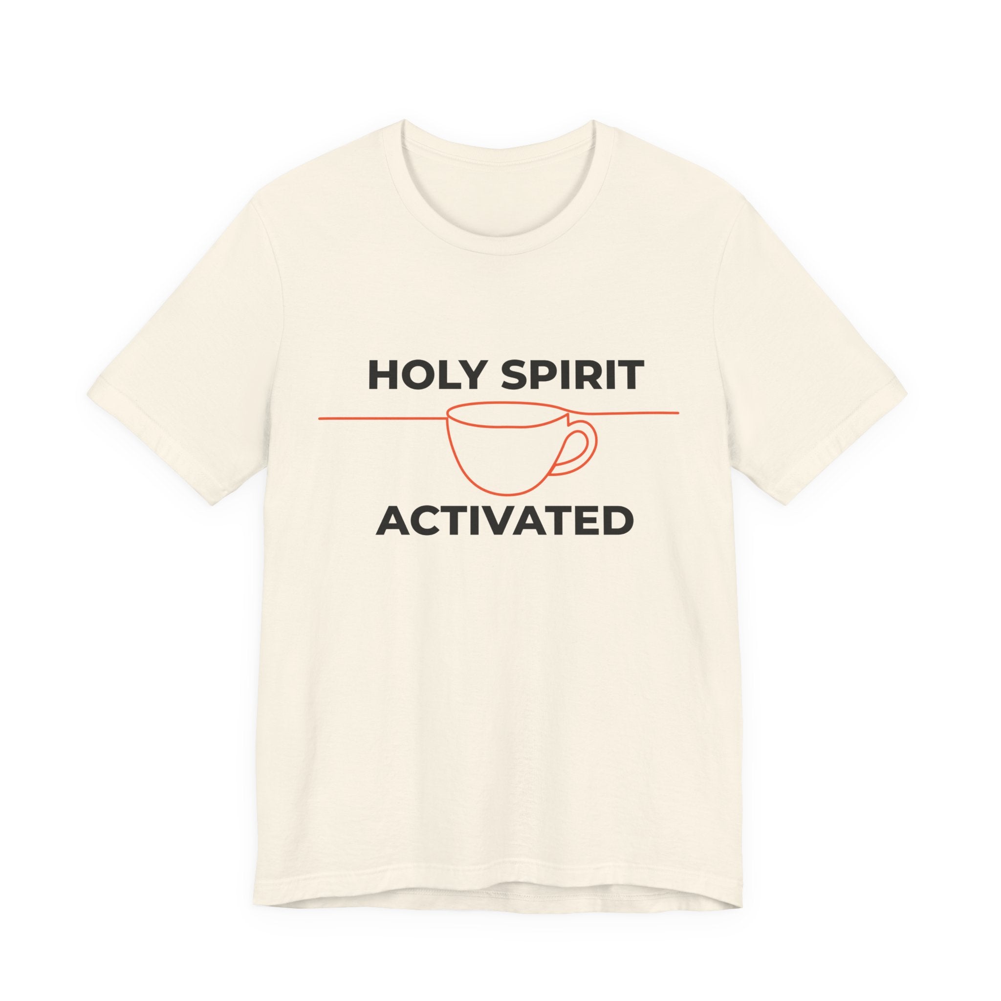 Beige t-shirt with 'Holy Spirit Activated' graphic on a white background