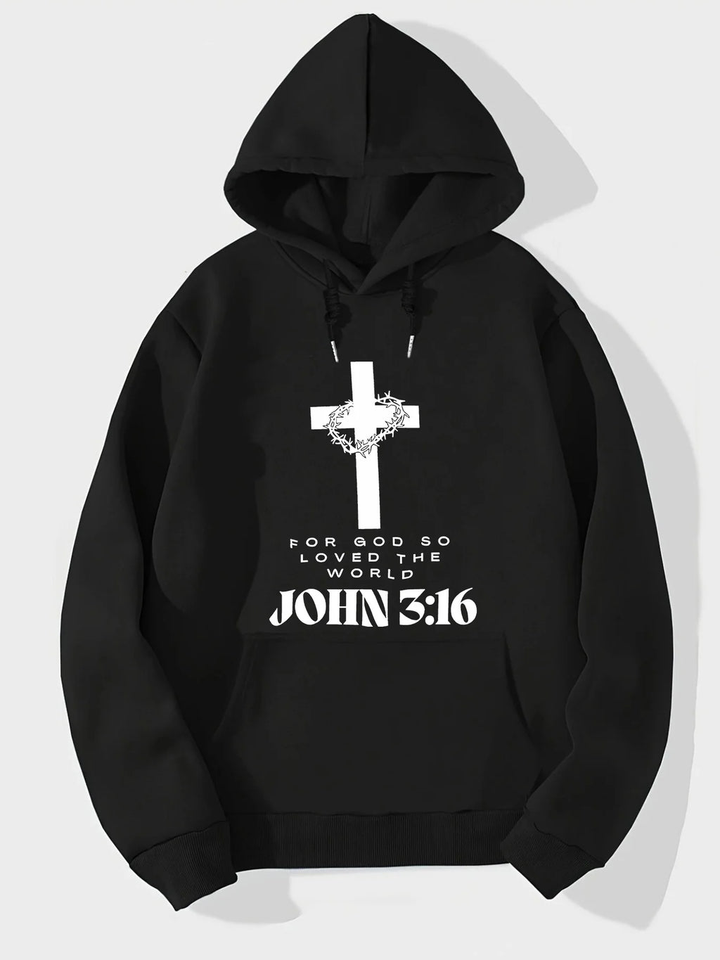 Black hoodie with a white cross and text on a light gray background