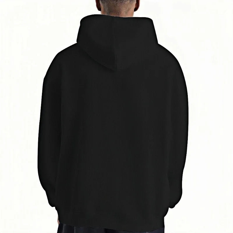 Black hoodie worn by a person on a white background