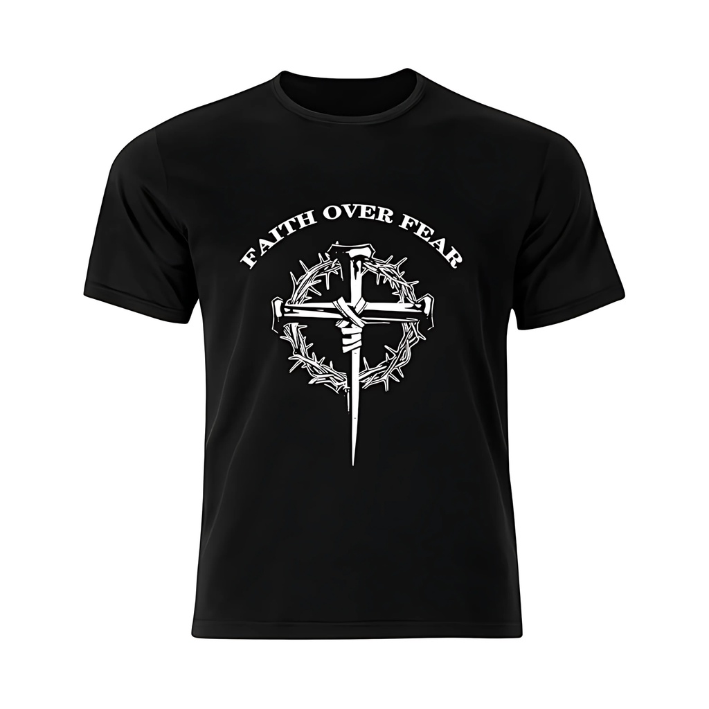 Black t-shirt with 'Faith Over Fear' design featuring a cross and thorns on a white background