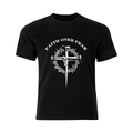 Black t-shirt with 'Faith Over Fear' design featuring a cross and thorns on a white background