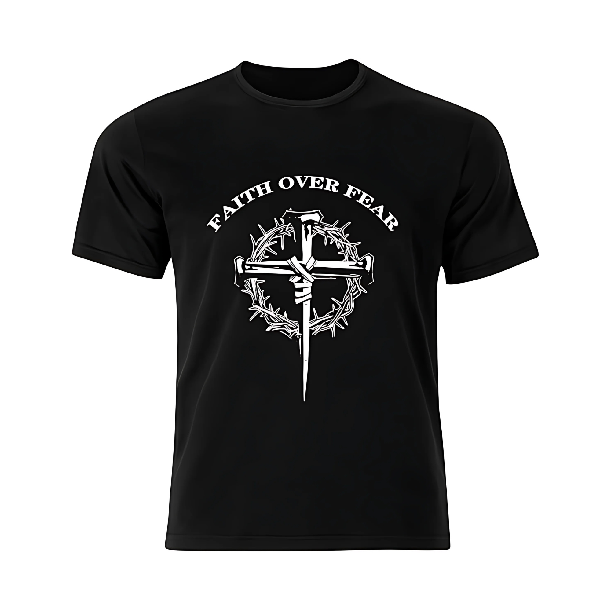Black t-shirt with 'Faith Over Fear' design featuring a cross and thorns on a white background