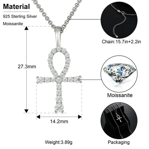 Silver cross pendant necklace with detailed specifications on a white background