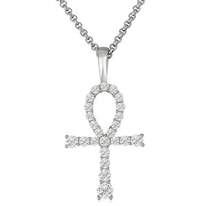 Diamond-studded cross pendant on a white background