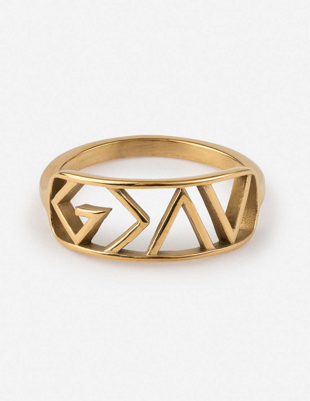 Gold geometric ring on a white background