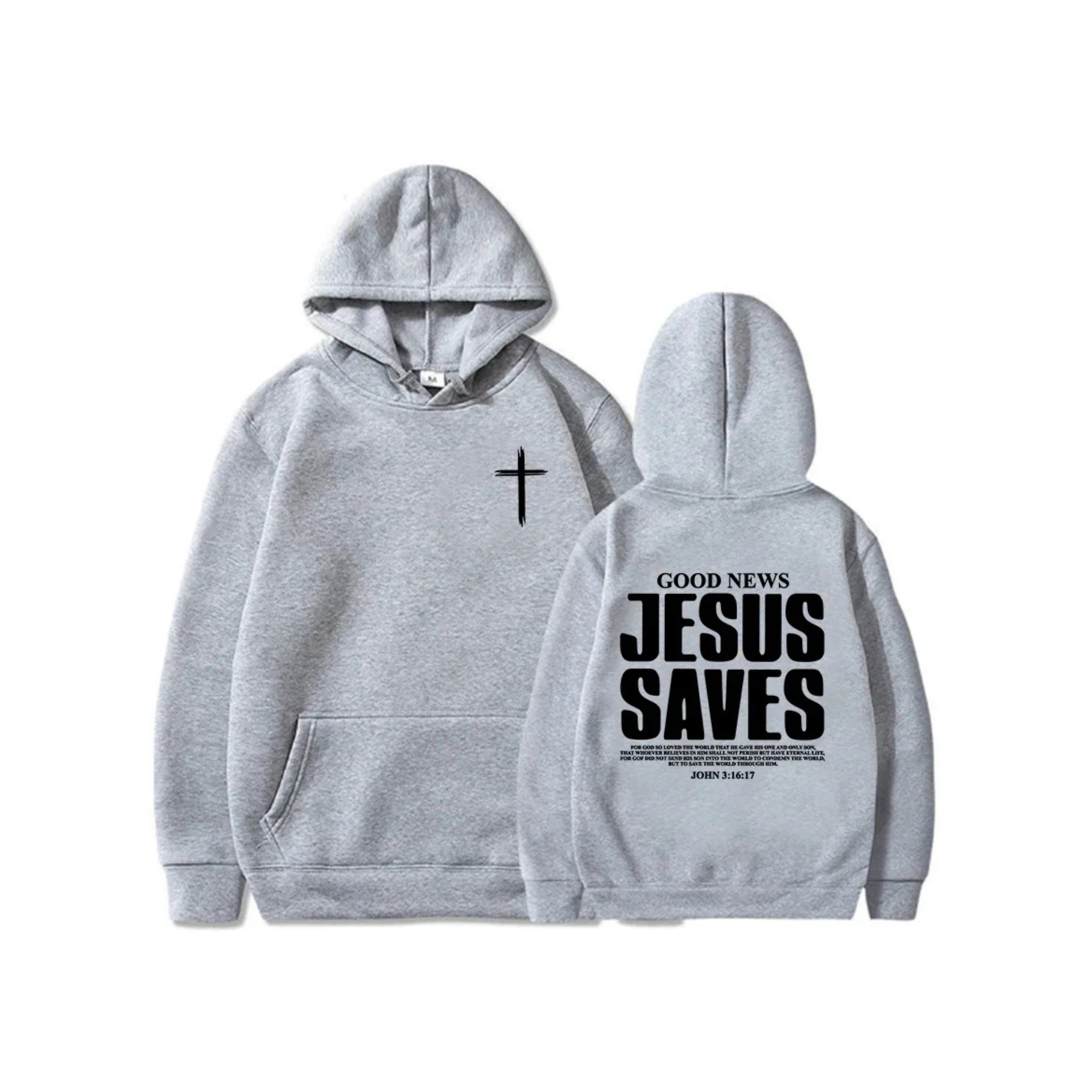 Gray hoodie with a cross on the front and 'Good News Jesus Saves' text on the back.