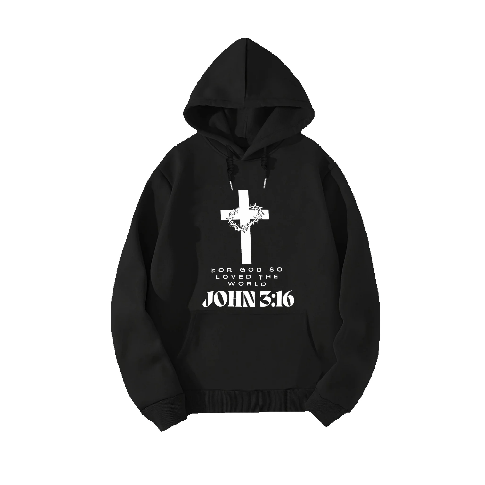 Black hoodie with a white cross and 'John 3:16' text on a white background