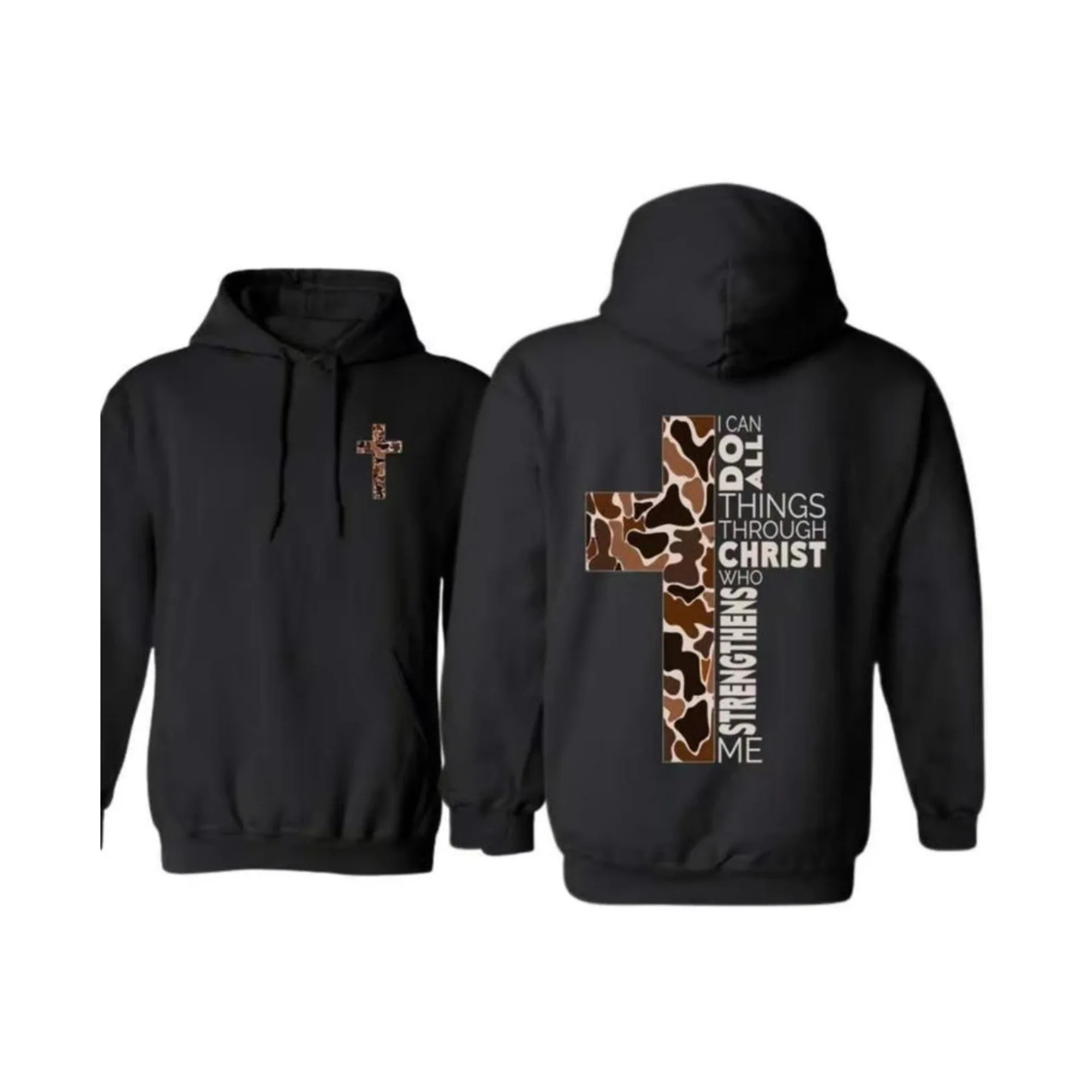 Black hoodie with cross design on front and back