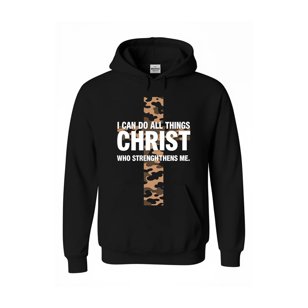 Black hoodie with a camouflage cross design and 'Philippians 4:13' text on a white background