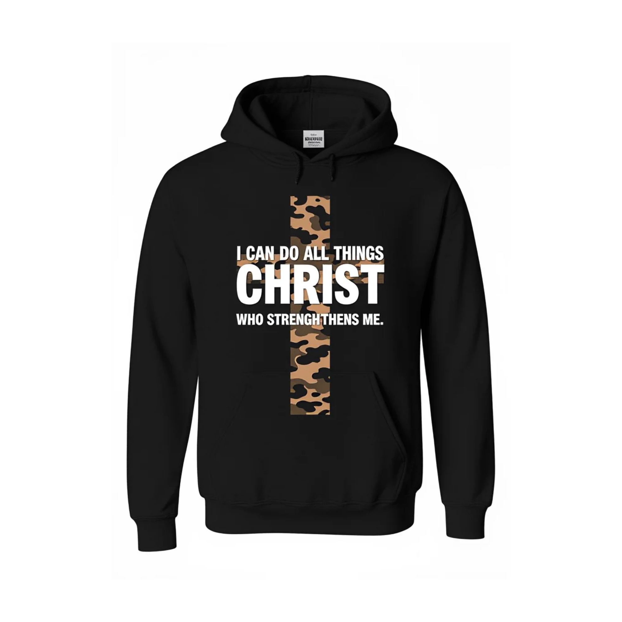 Black hoodie with a camouflage cross design and 'Philippians 4:13' text on a white background