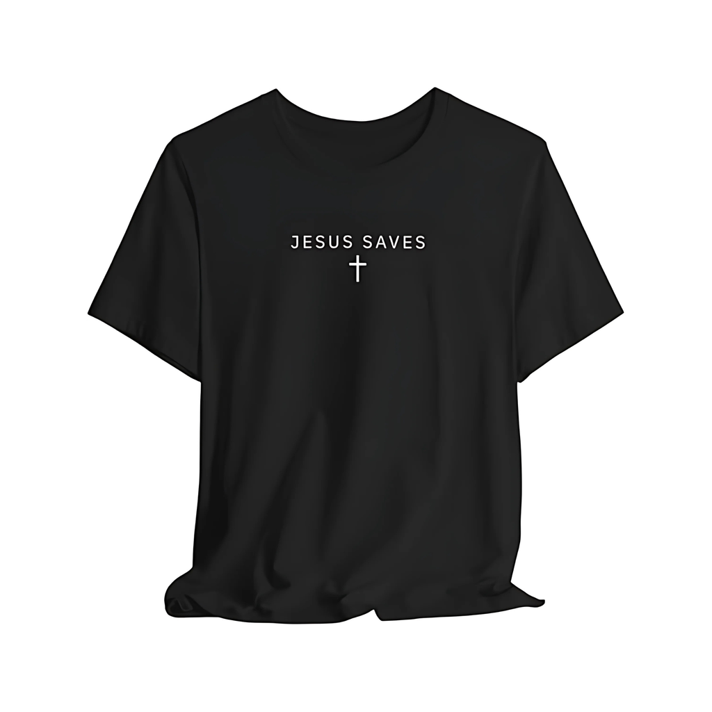 Black t-shirt with 'Jesus Saves' text and cross on a white background