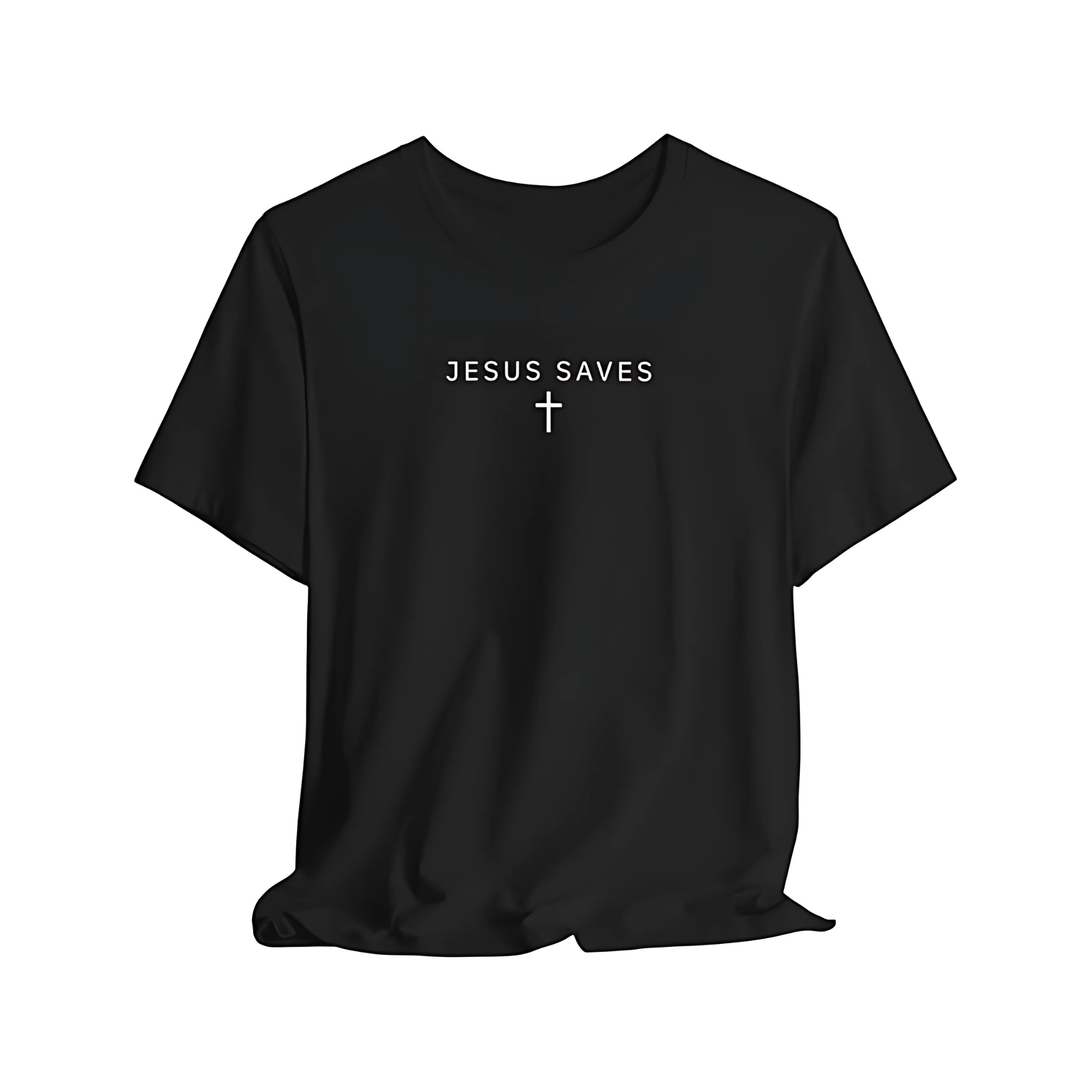 Black t-shirt with 'Jesus Saves' text and cross on a white background