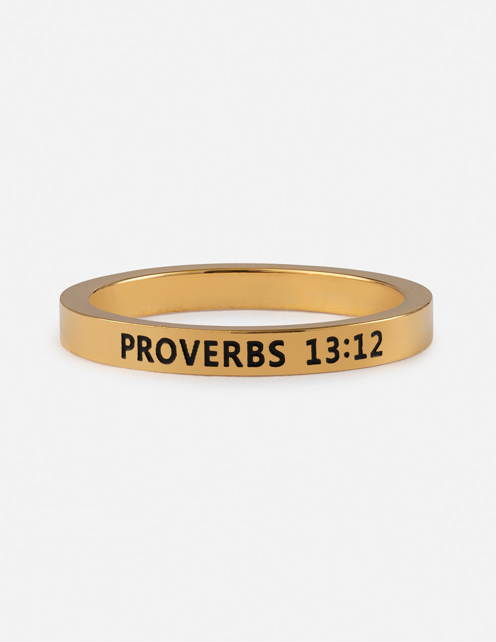 Gold ring with 'Proverbs 13:12' engraving on a white background