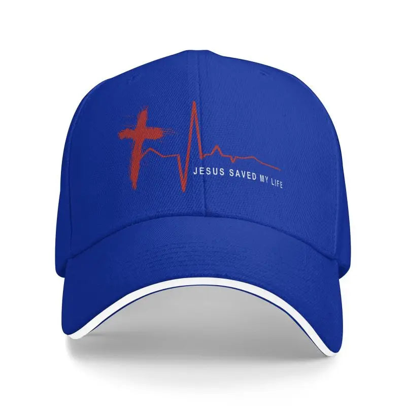 Blue cap with a red cross and white 'Jesus Saved My Life' text on a white background