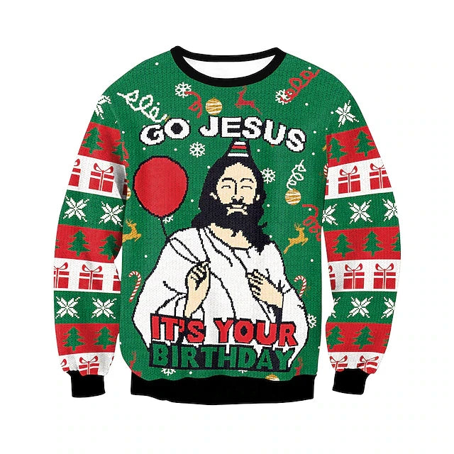 Ugly Christmas sweater with Jesus graphic and text on a white background