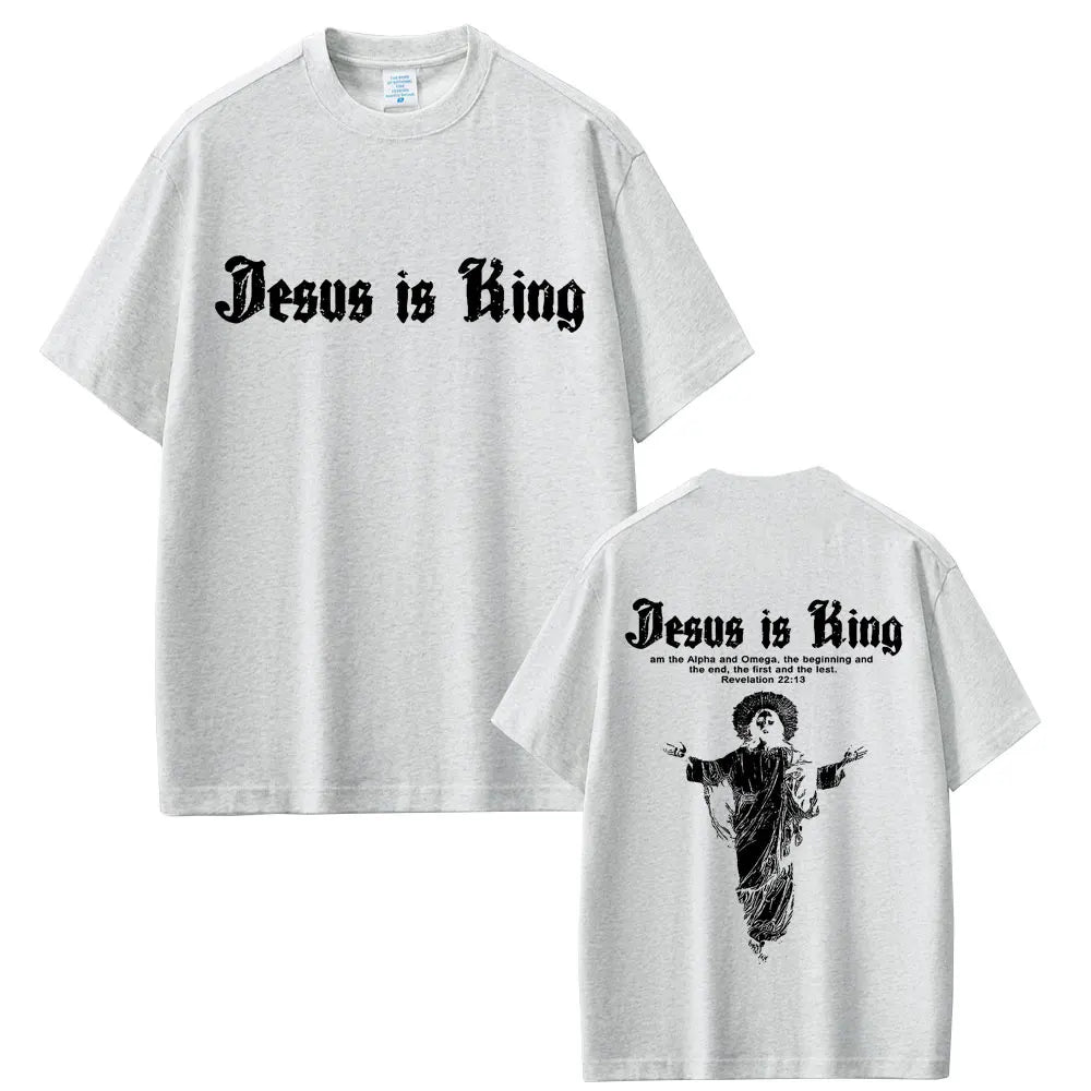 Gray t-shirt with 'Jesus is King' text on front and back, featuring a graphic of a woman.