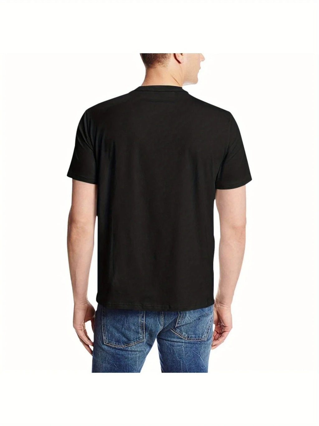 Person wearing a black t-shirt and blue jeans on a white background