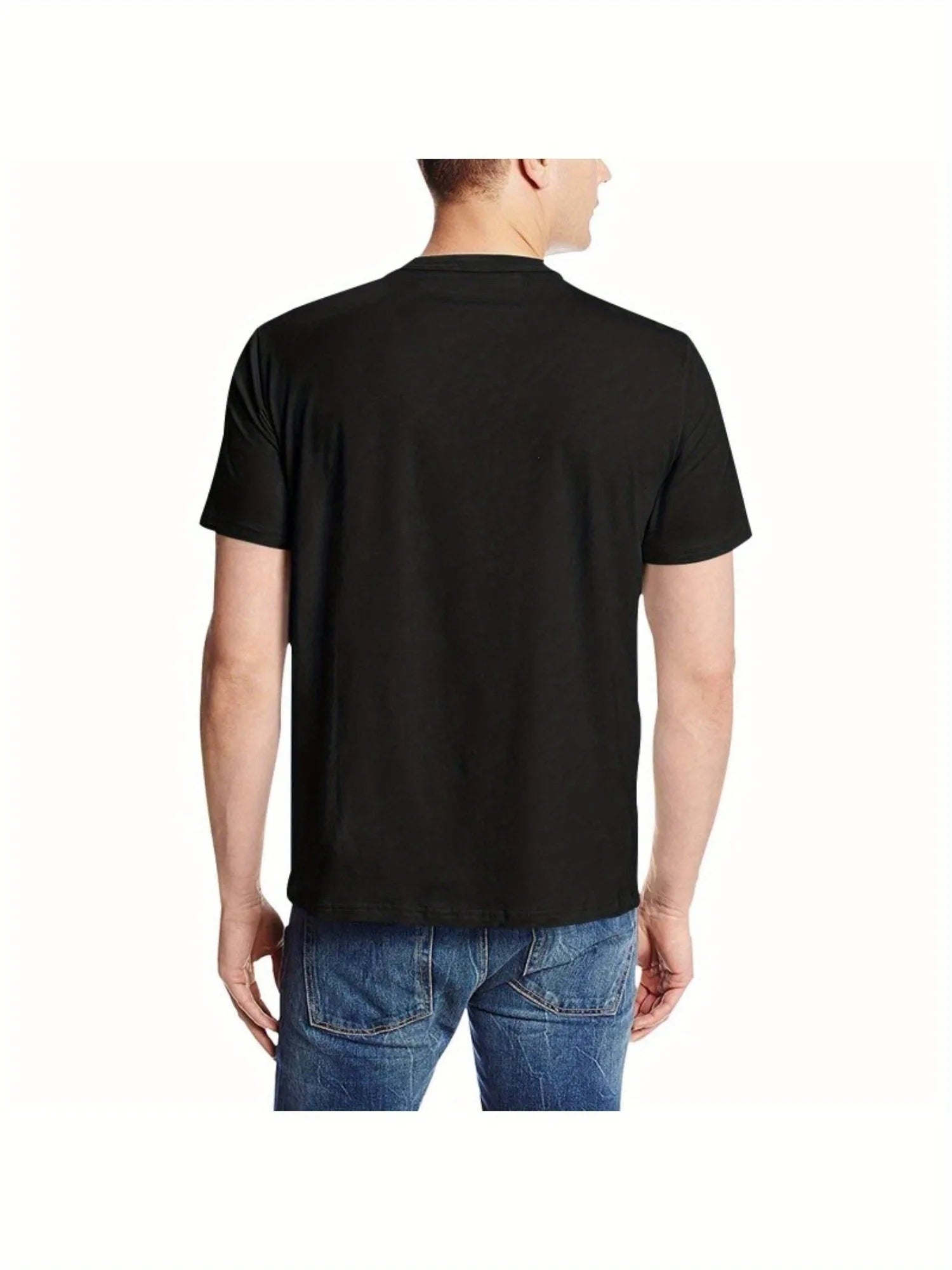 Person wearing a black t-shirt and blue jeans on a white background
