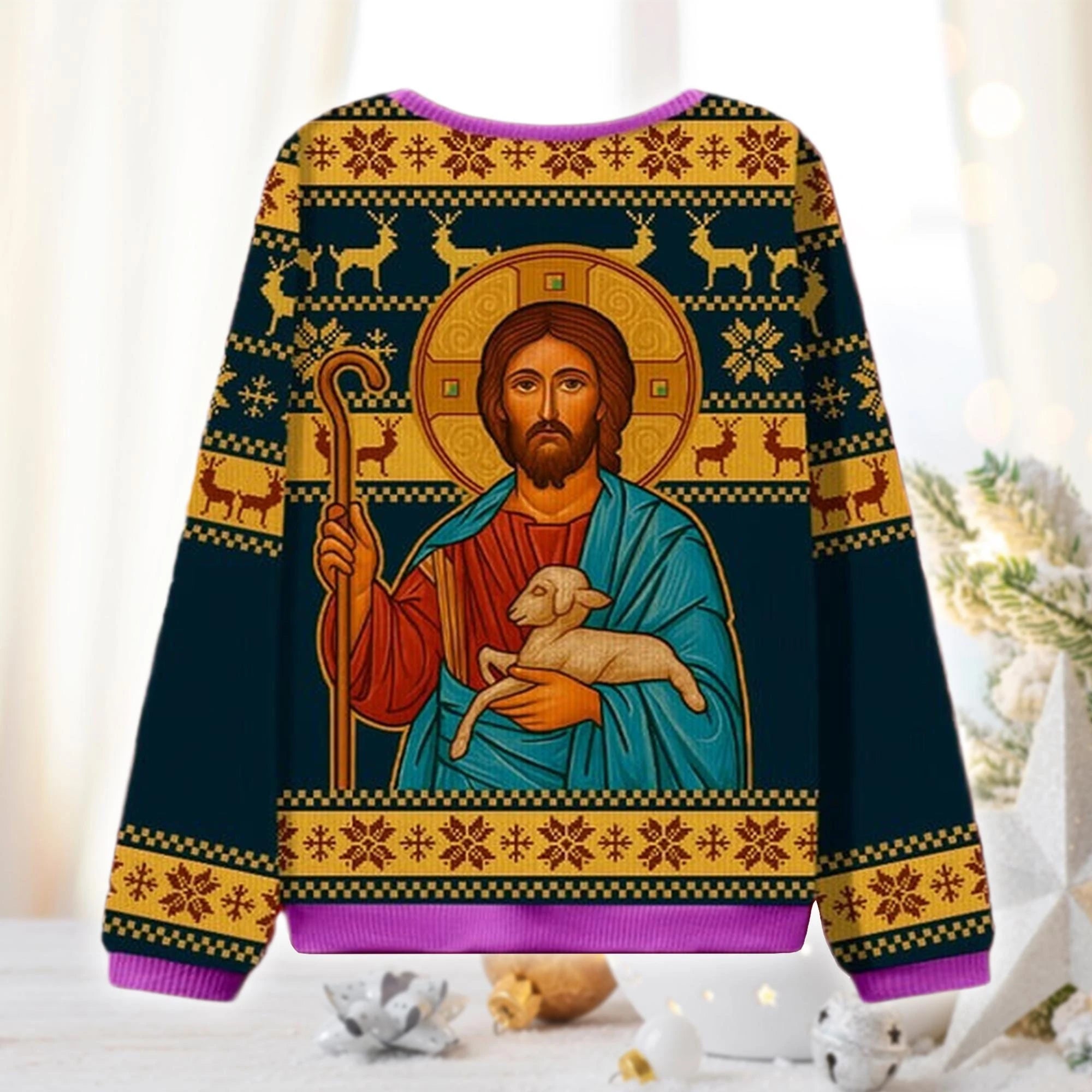 Sweater with religious design featuring a figure holding a lamb on a decorative background