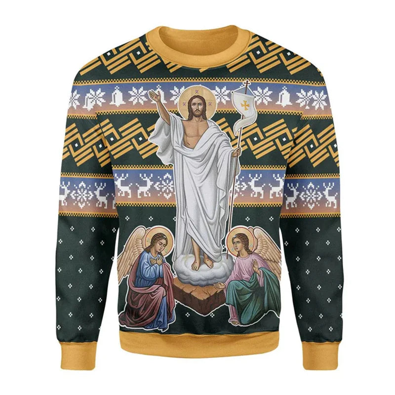 Sweater with religious design featuring a central figure and two angels on a patterned background.