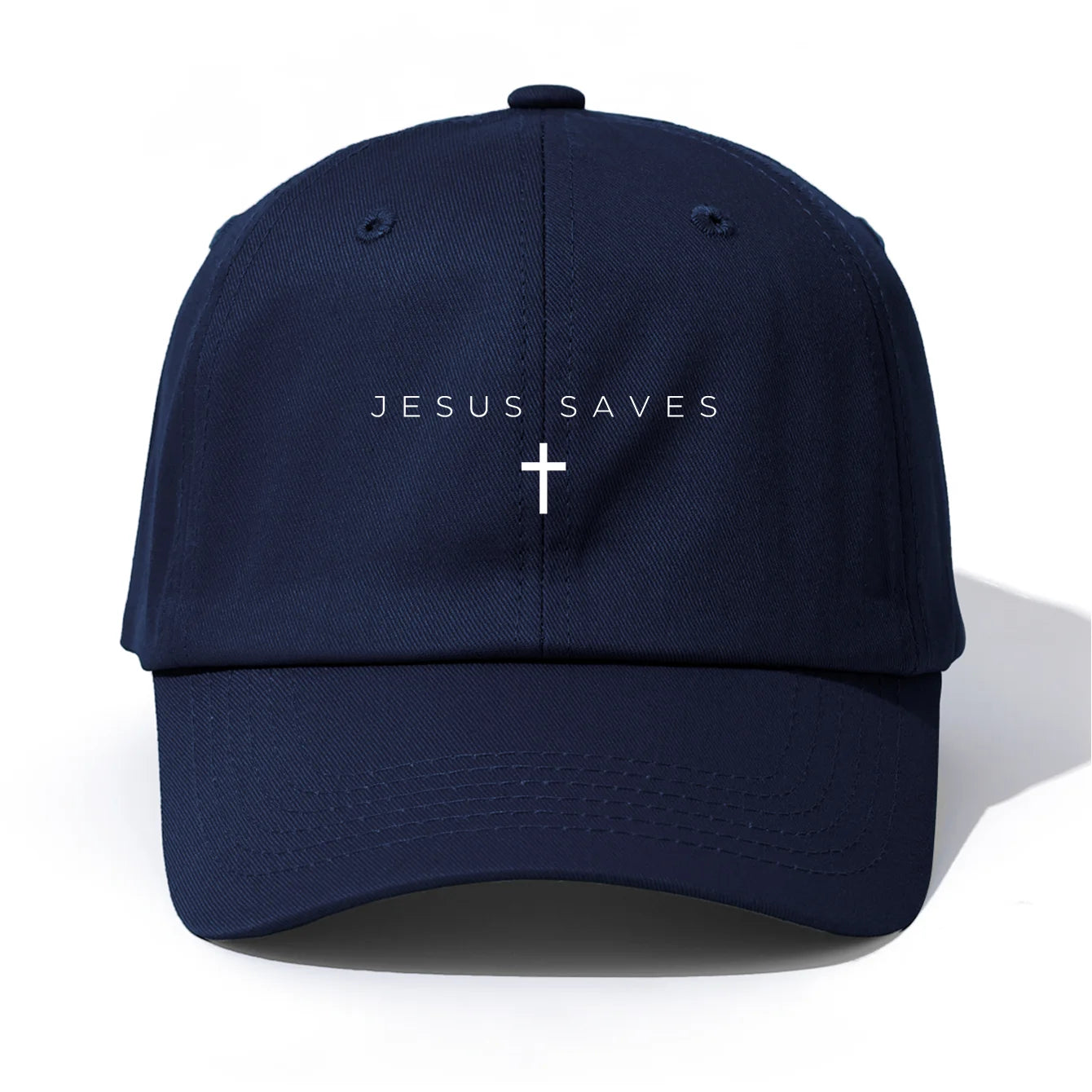 Navy blue cap with 'JESUS SAVES' text and cross on a white background