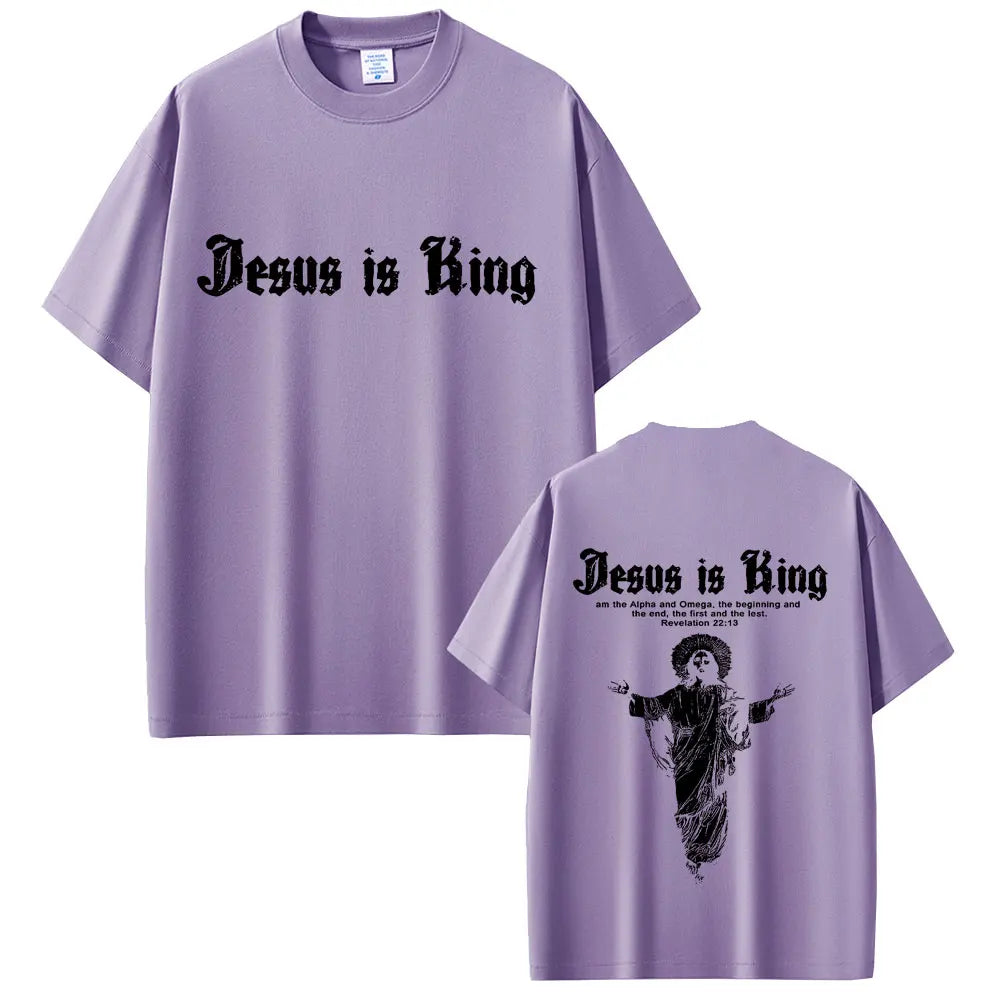 Purple t-shirt with 'Jesus is King' text on front and back, featuring a religious design.