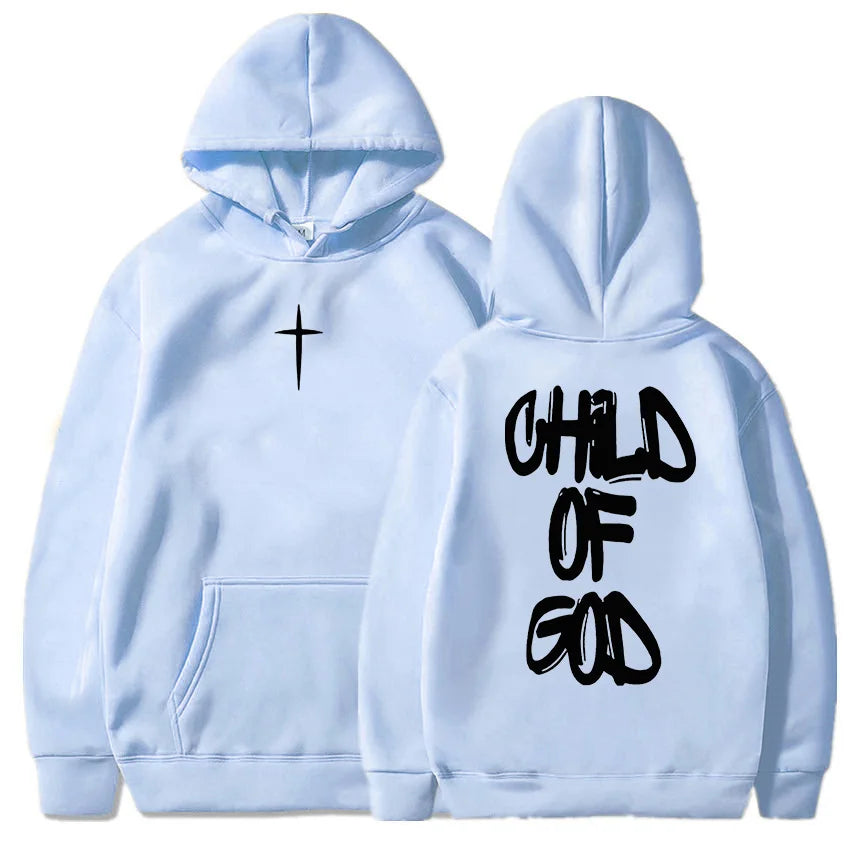 Light blue hoodie with a cross on the front and 'Child of God' text on the back, shown from front and back views.