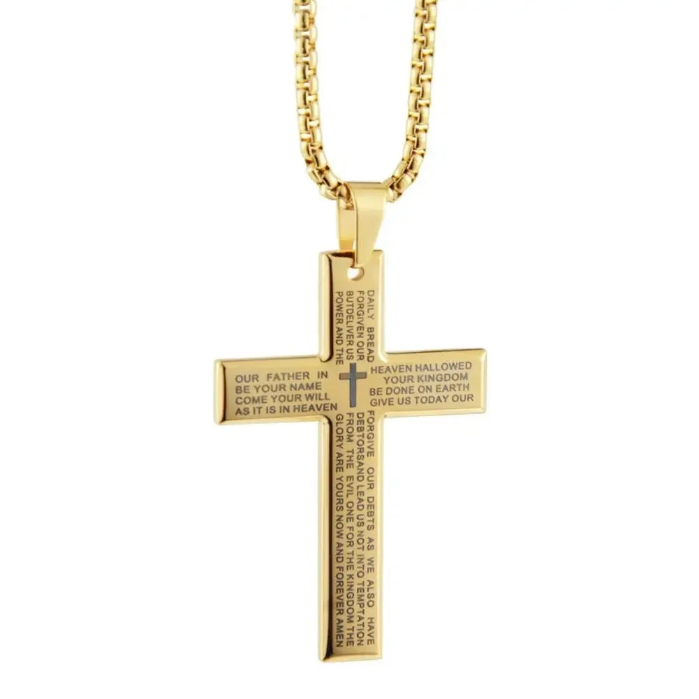 Gold cross pendant necklace with engraved text on a white background