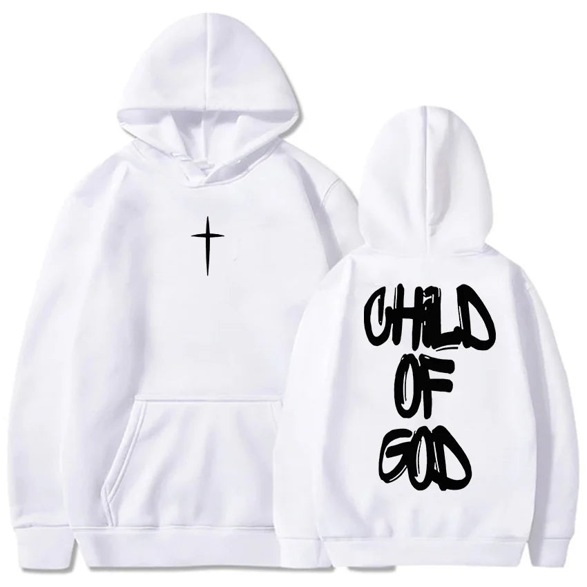 White hoodie with a black cross on the front and 'Child of God' text on the back, on a white background.