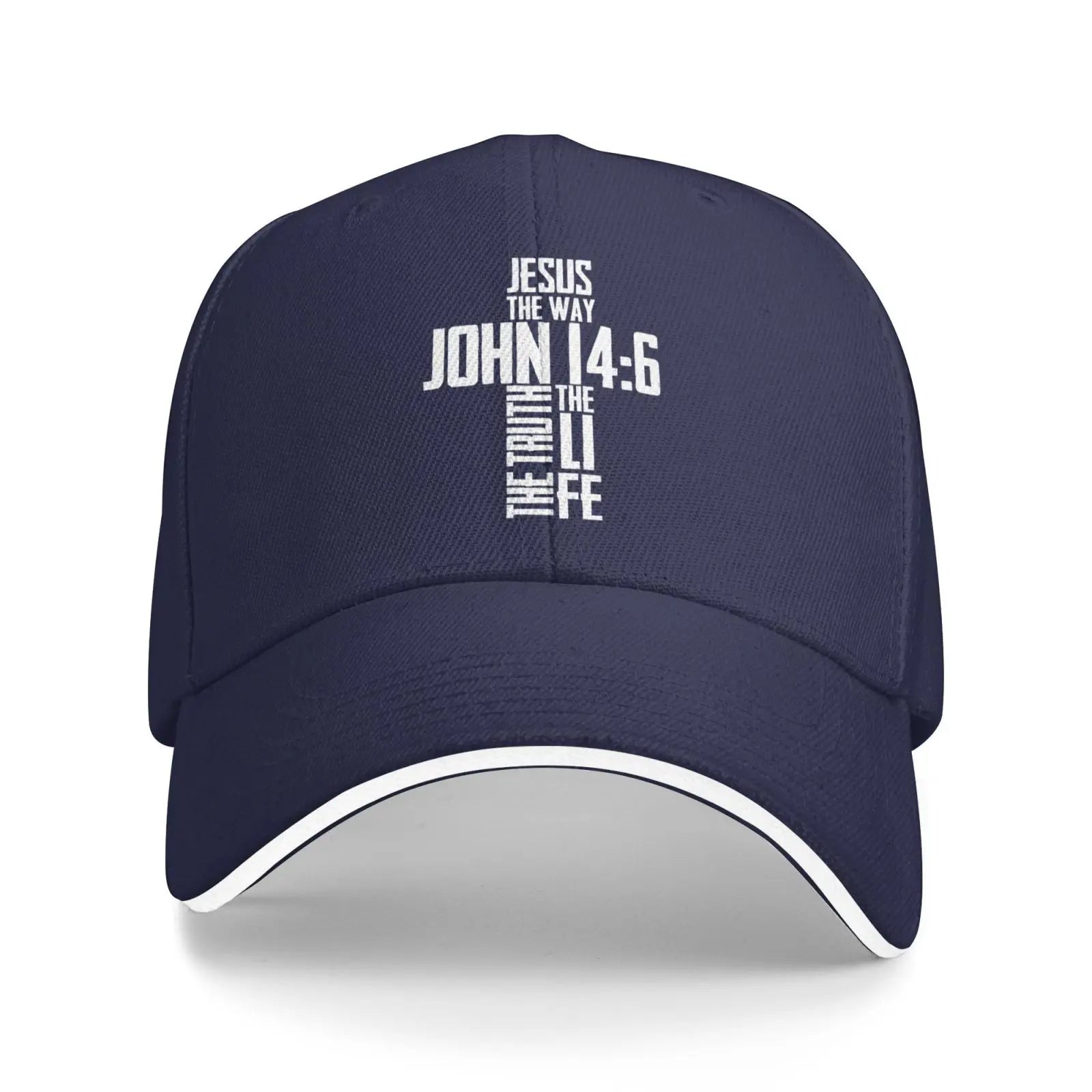Navy blue cap with white John 14:6 Verse cross text and cross design on a white background