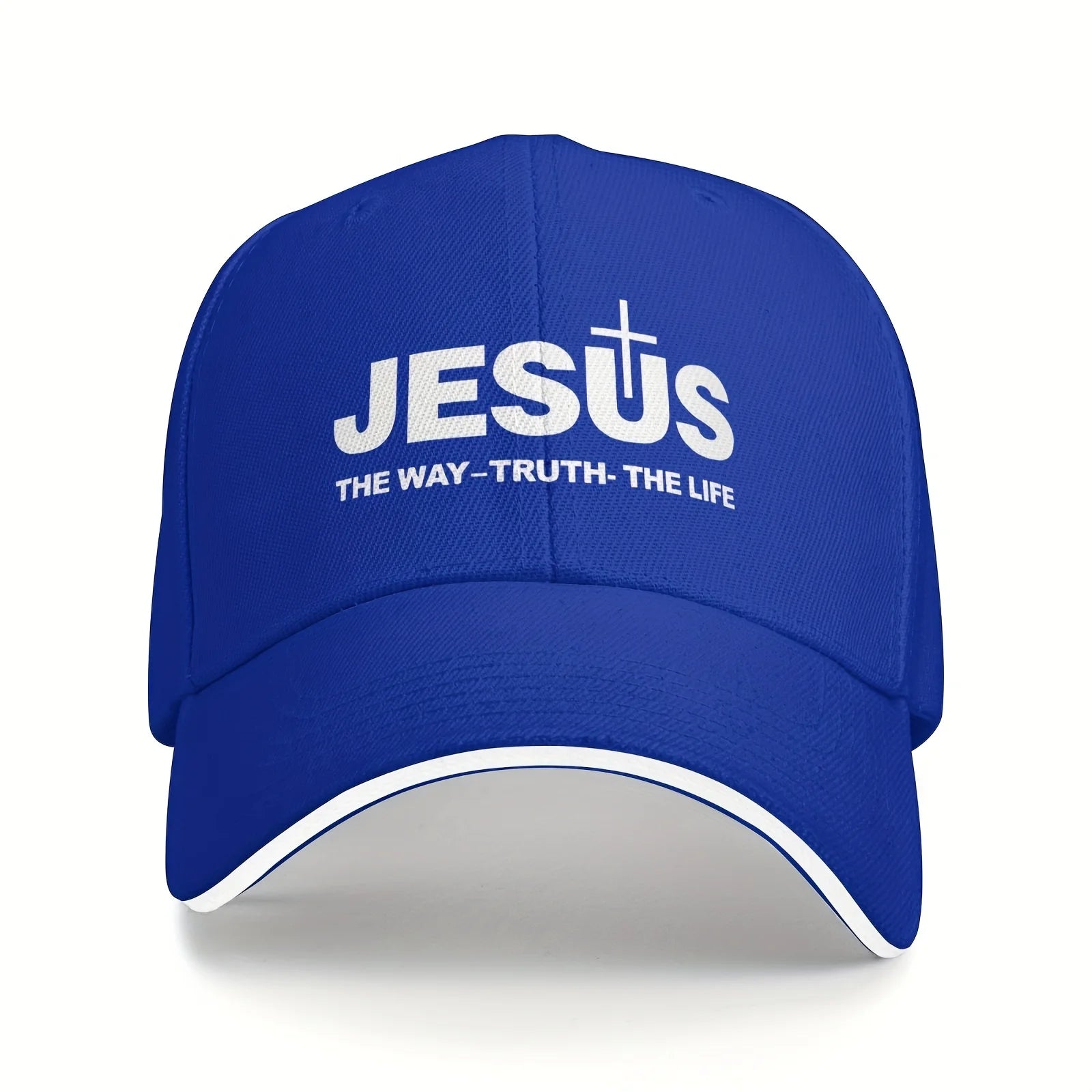 Blue cap with 'JESUS THE WAY-TRUTH-THE LIFE' text on a white background