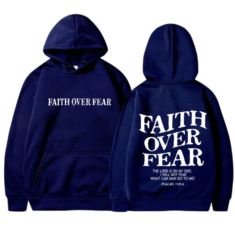 Navy blue hoodie with 'Faith Over Fear' text on front and back