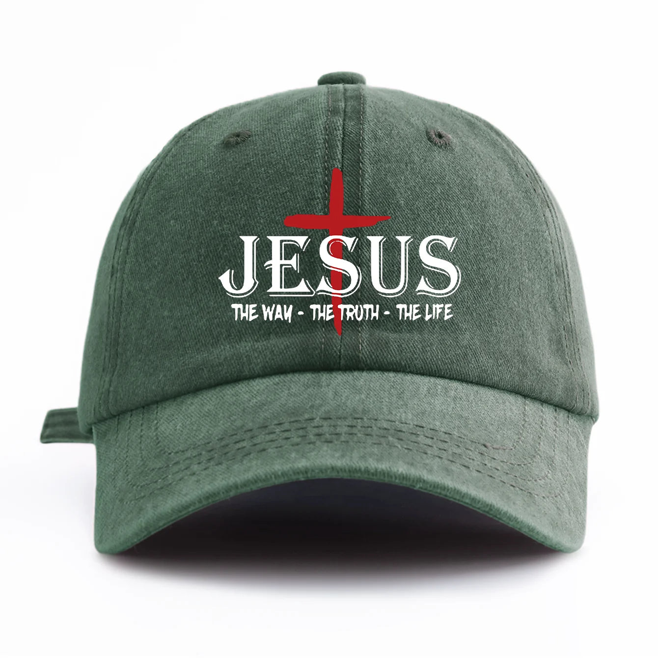 Green cap with 'Jesus The Way The Truth The Life' text and cross on a white background