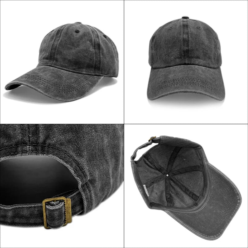 Black denim cap shown from multiple angles on a white background