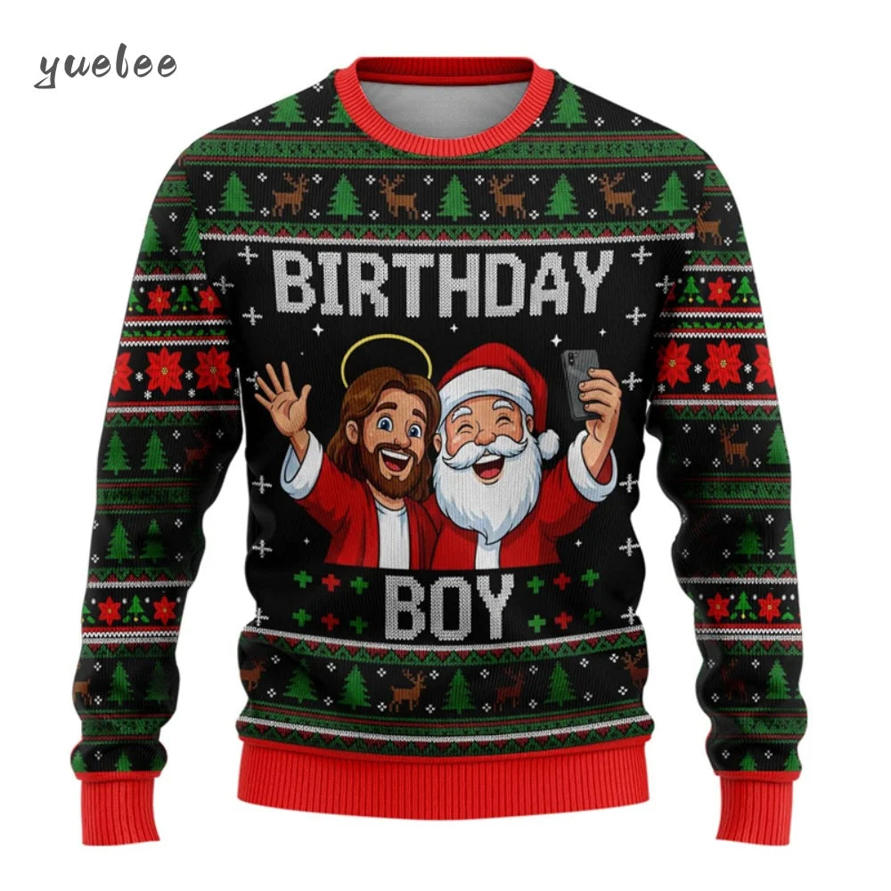 Christmas-themed sweater with Santa Claus and a boy taking a selfie, featuring the text 'Birthday Boy'.