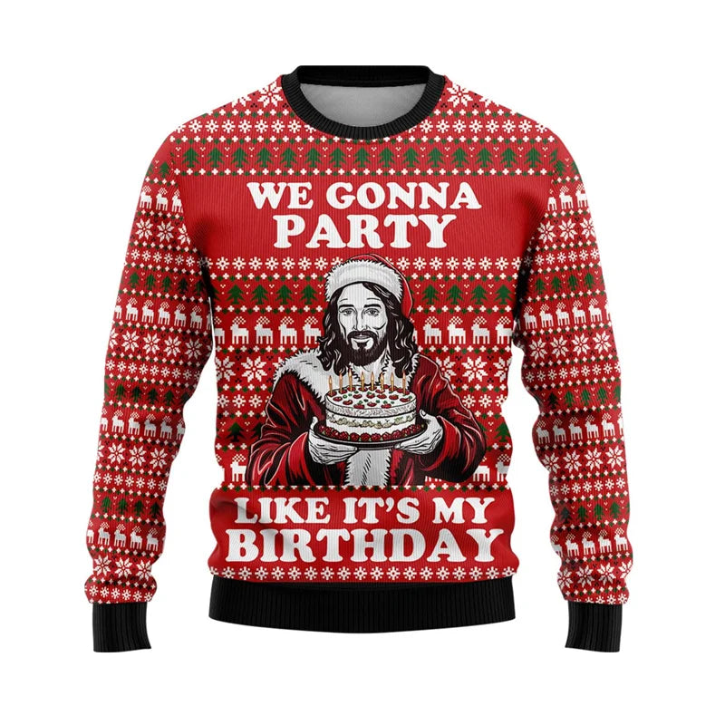 Red Christmas sweater with a graphic of a character holding a cake and text 'We Gonna Party Like It's My Birthday'.